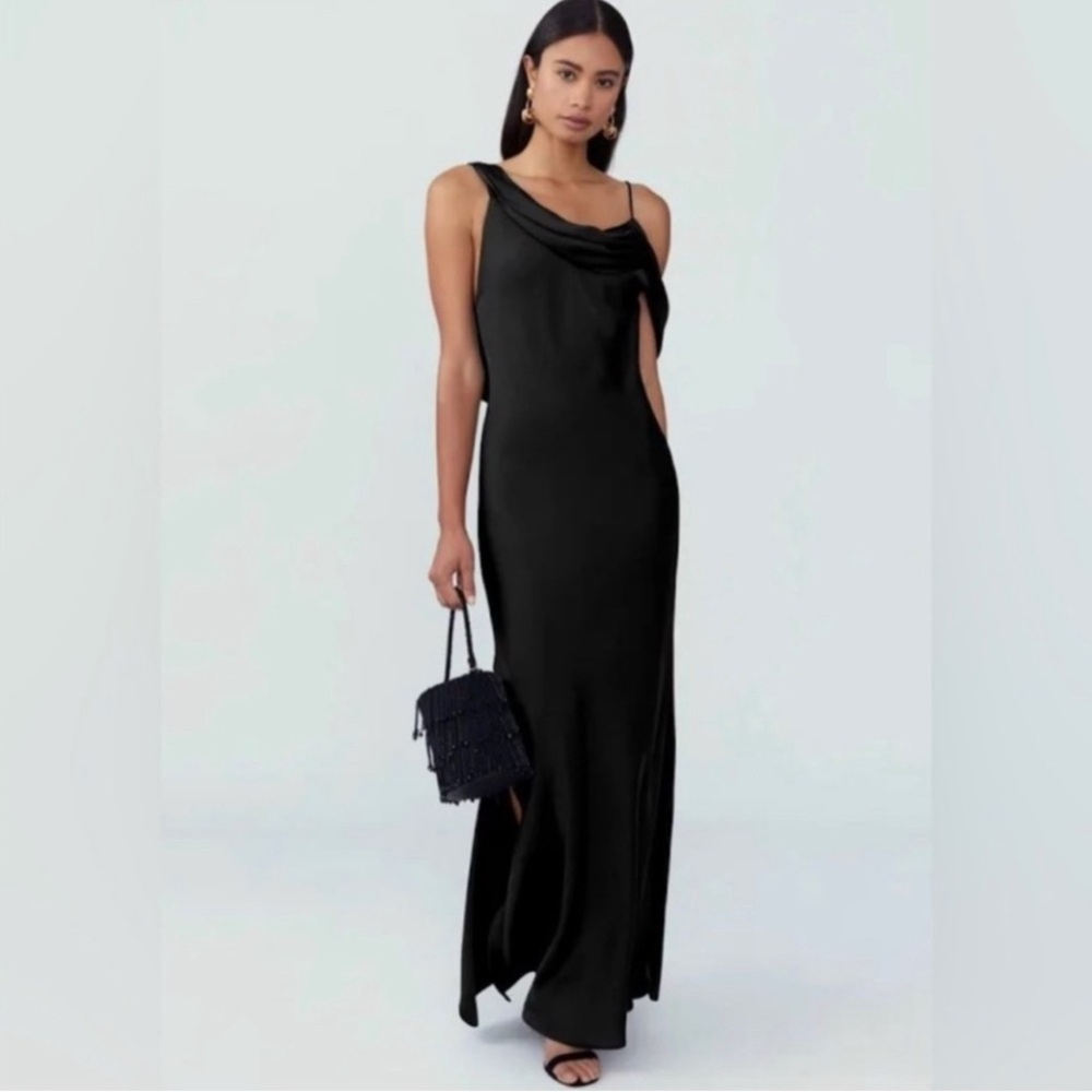 Fame and Partners Black Backless Cowl Neck Evening Gown